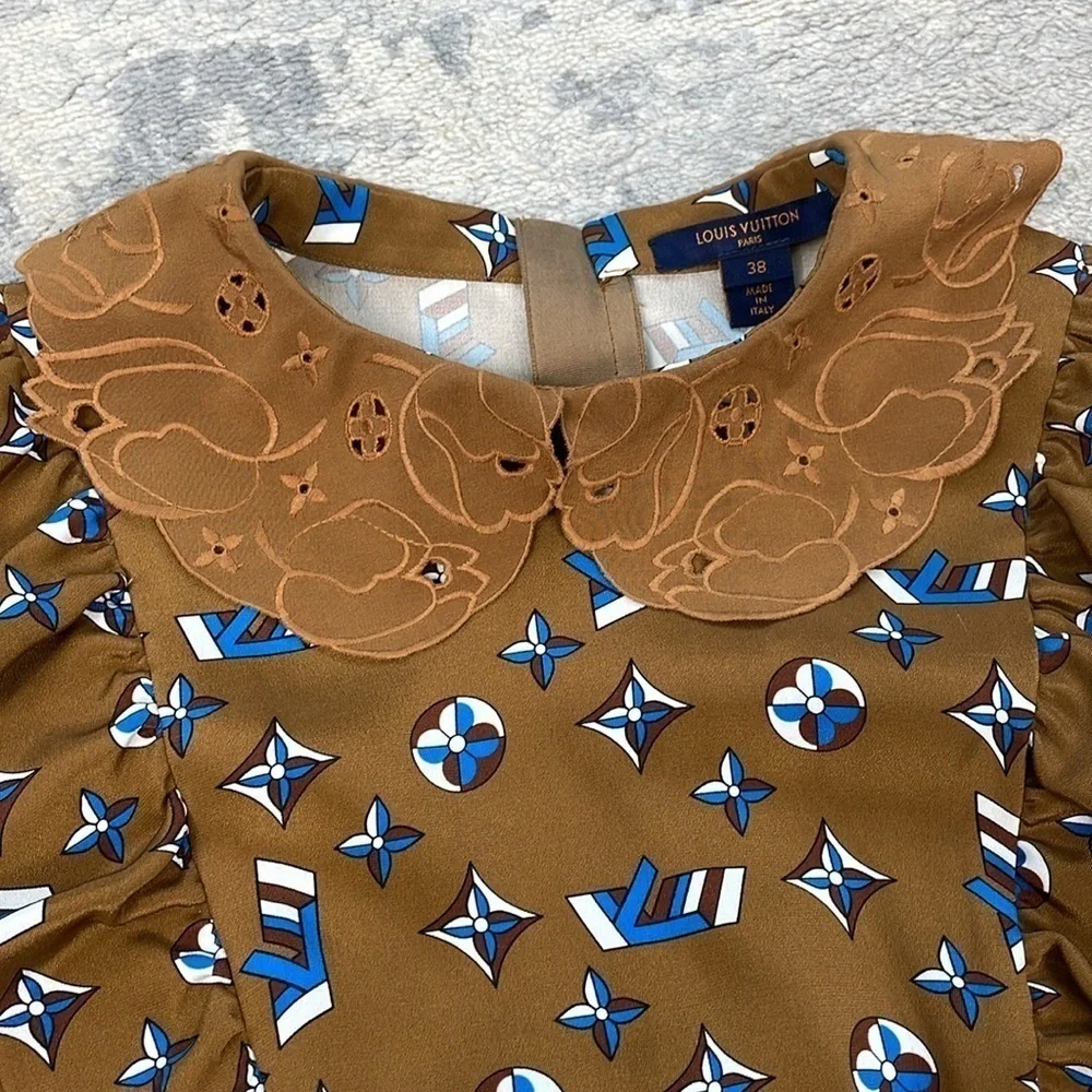 Louis Vuitton Retro Multicolor Monogram LV Collared Ruffle Mini Dress Silk 38